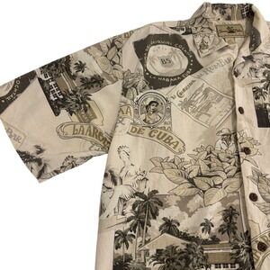 Seven Palm Tropical Silk Button Down Shirt Mens S Beige Vintage Cuba Postcard